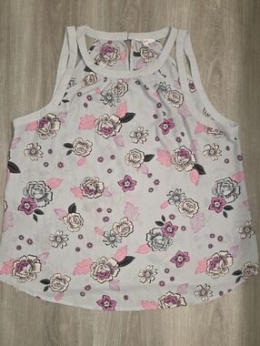 Floral Sleeveless Tank Top in Light Gray with Pink & Purple Flowers